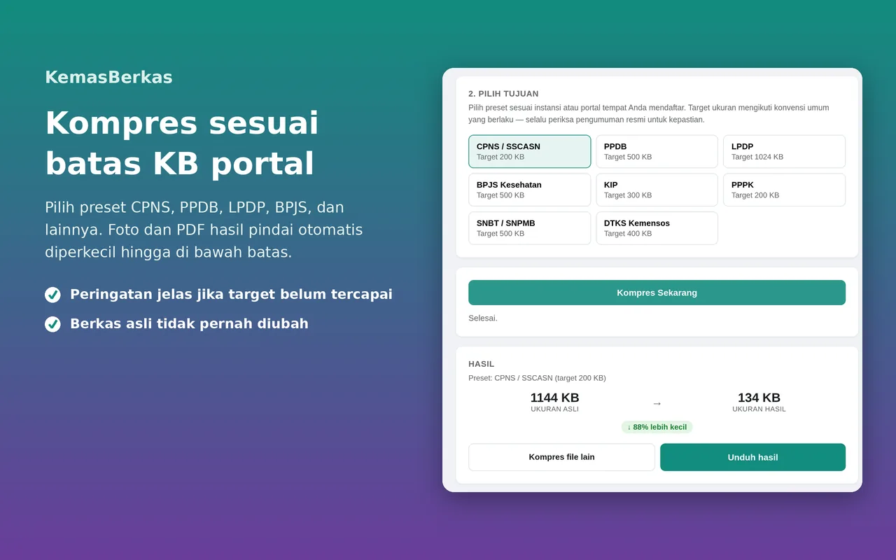 Tab Kompres Ukuran KemasBerkas: foto 1144 KB dikompres menjadi 134 KB dengan target CPNS / SSCASN 200 KB