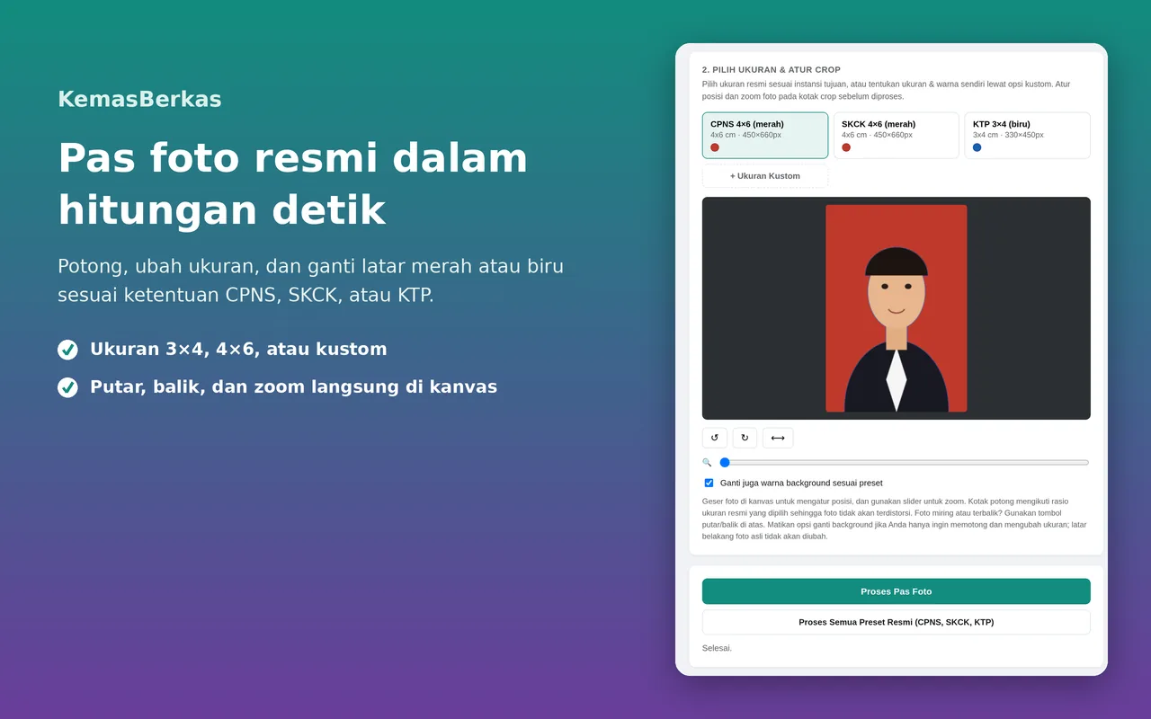 Tab Pas Foto KemasBerkas dengan pilihan CPNS 4×6 merah, SKCK 4×6 merah, dan KTP 3×4 biru