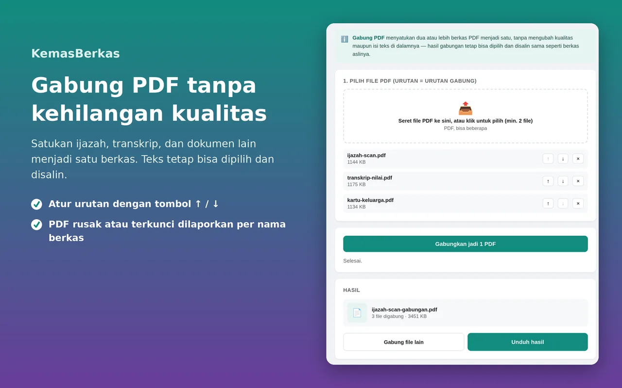 Tab Gabung PDF KemasBerkas menggabungkan tiga berkas PDF menjadi satu