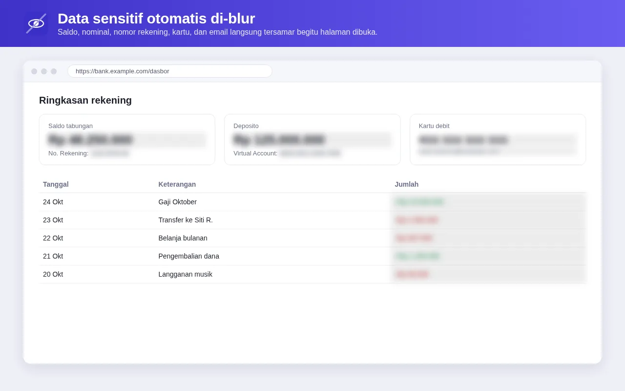 Dasbor rekening bank dengan saldo, nomor rekening, kartu, dan nominal transaksi yang di-blur otomatis oleh PrivacyBlur