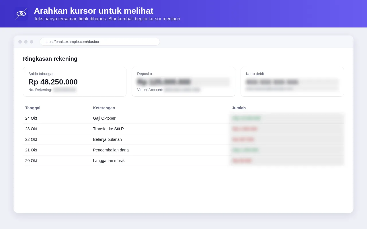 Saldo tabungan terlihat jelas saat kursor diarahkan, data lain tetap di-blur